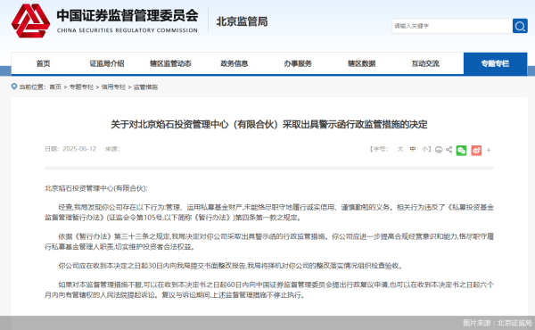 配资中介 未能恪尽职守地履行诚实信用等义务，焰石投资被监管警示
